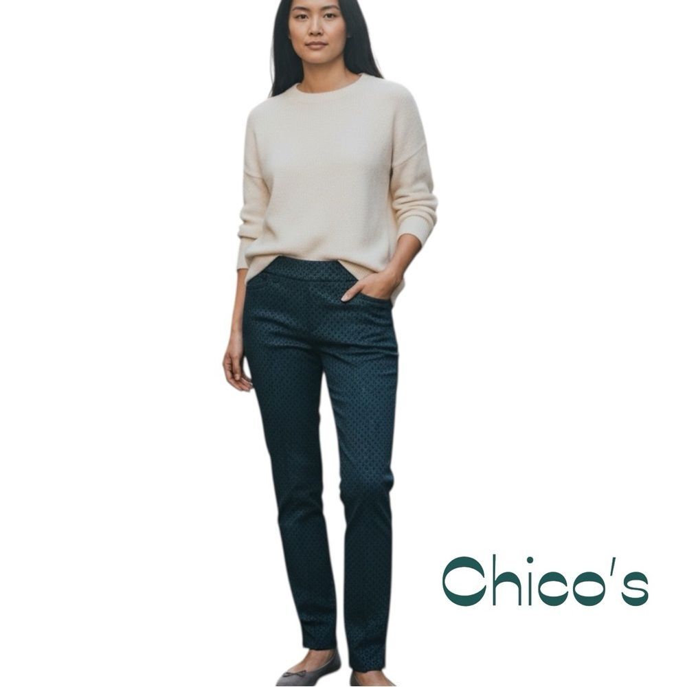 Chico’s Navy Green Diamond Print Slim Ankle Pants NWOT Size 6 EuroGirl